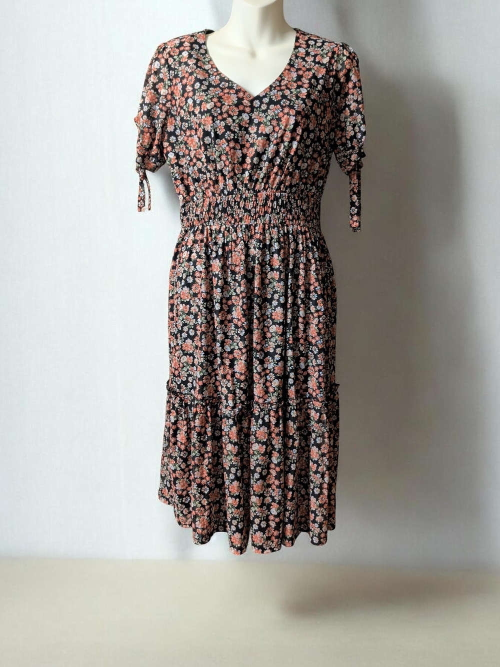Floral Smocked Waist Midi Dress - Black with Coral Floral